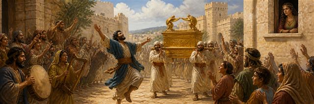 David dancing before the ark as Jerusalem celebrates and Michal watches